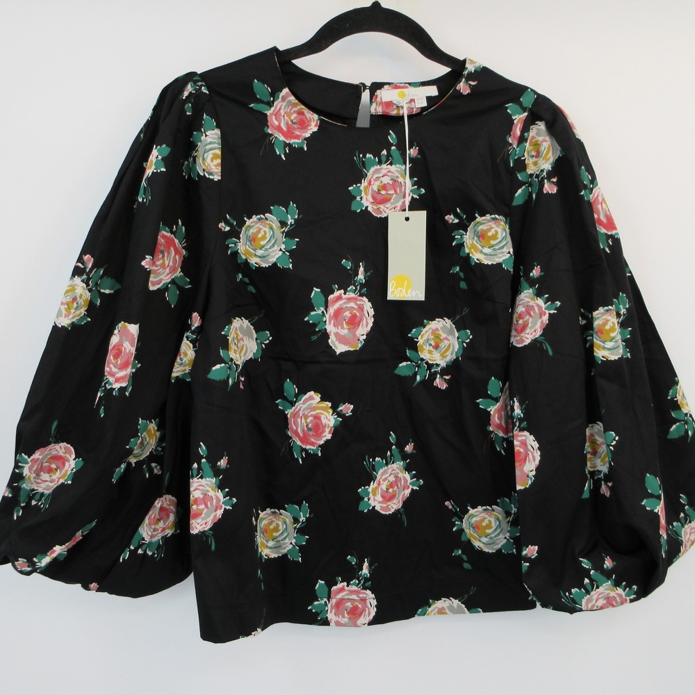 Boden Black Floral Puff-Sleeve Blouse